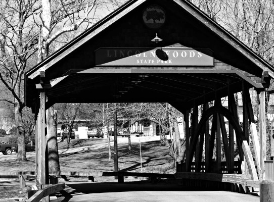 Covered bridge at the entrance to Lincoln Woods State Park