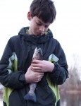 Boy examines rainbow trout