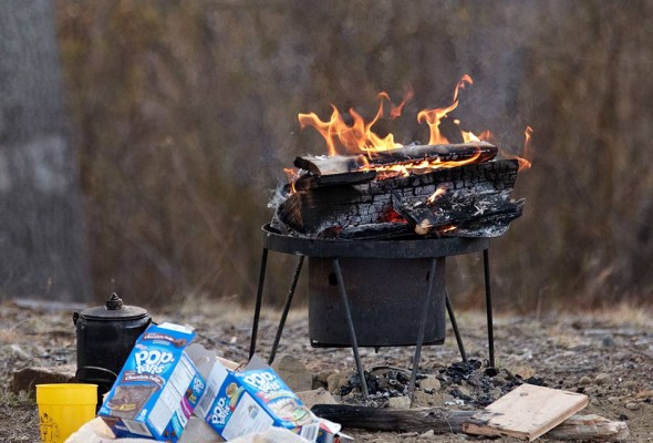 A wood fire and boxes of pop tarts