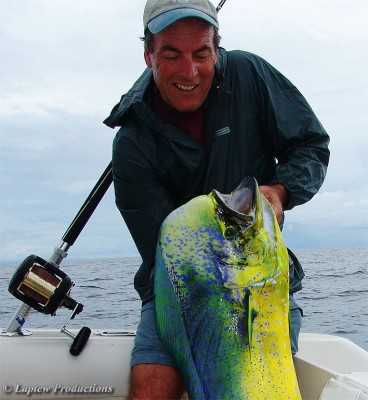 Ron struggles o hoist up a large mahi mahi